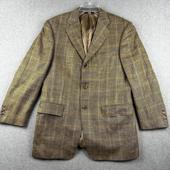 Samuelsohn Blazer Mens 40 Regular Brown Plaid Wool Silk Linen SB Austin 3-Button